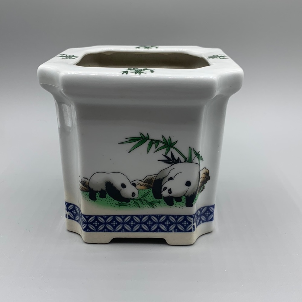 Vintage Porcelain Panda Bear Bamboo Square Planter